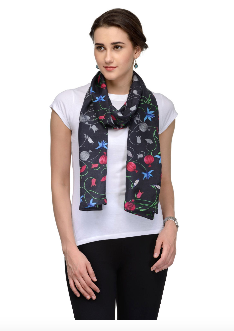 Black Floral Scarf Pure Silk Stoles Online