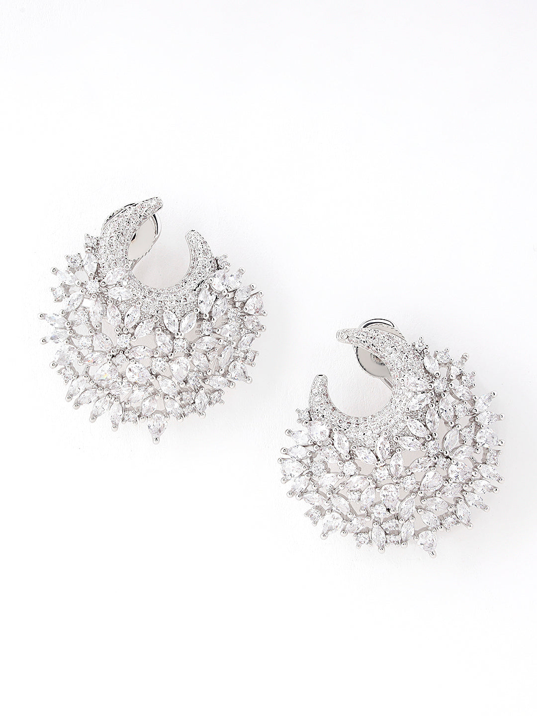 Crescent shaped crystal earrings styled for festive wear