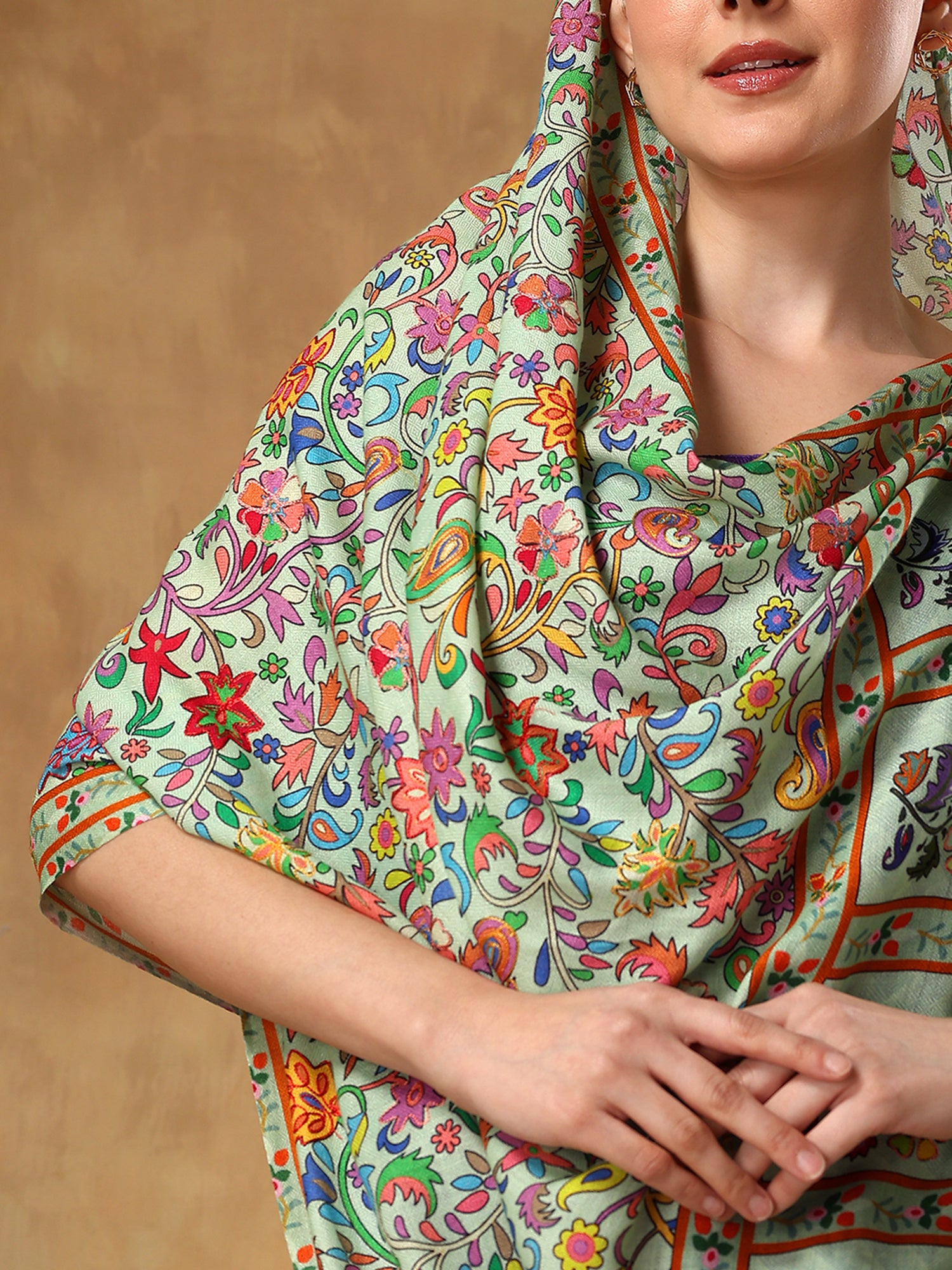 kalamkari shawls online, printed pashmina, green shawl, printed shawl