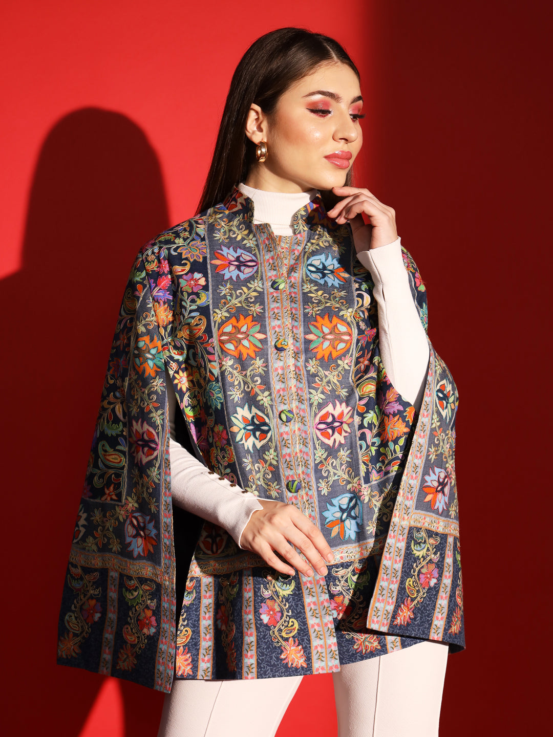 ethnic cape jacket for women with kalamkari embroidery