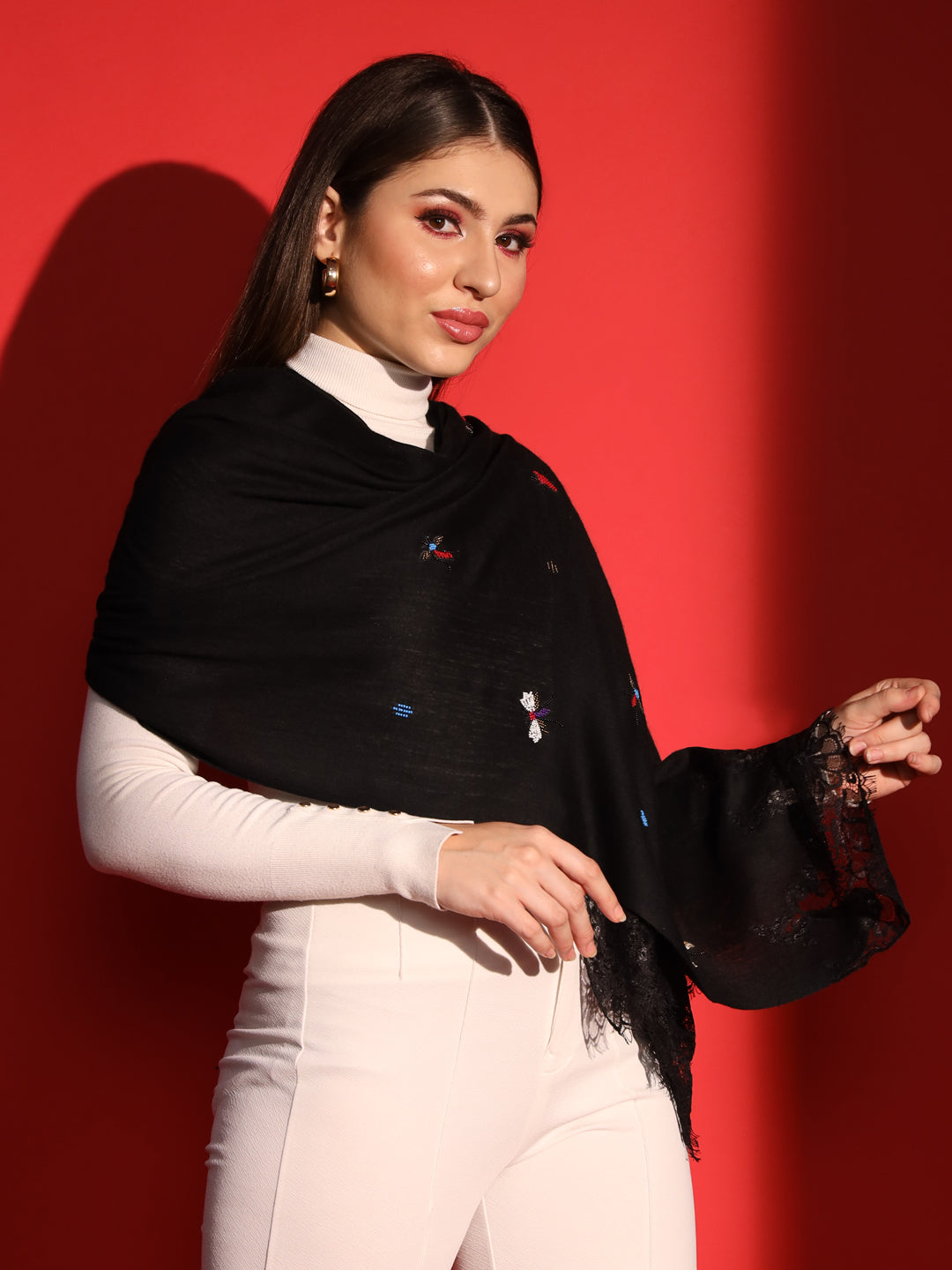 shawl with lace, black shawl pashmina
