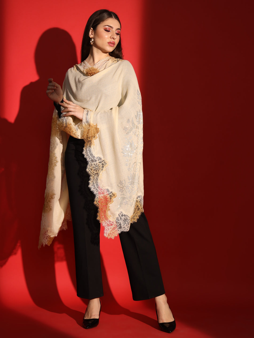 beige shawl with lace and swarovski-ladies kashmiri shawl