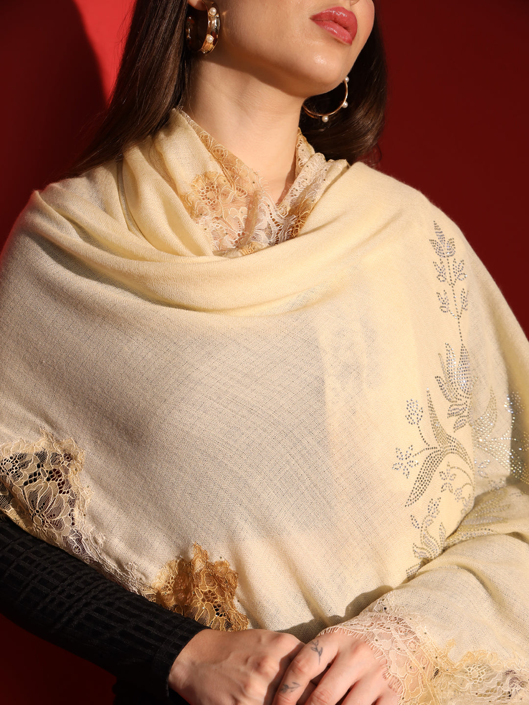 beige shawl with lace and swarovski-ladies kashmiri shawl