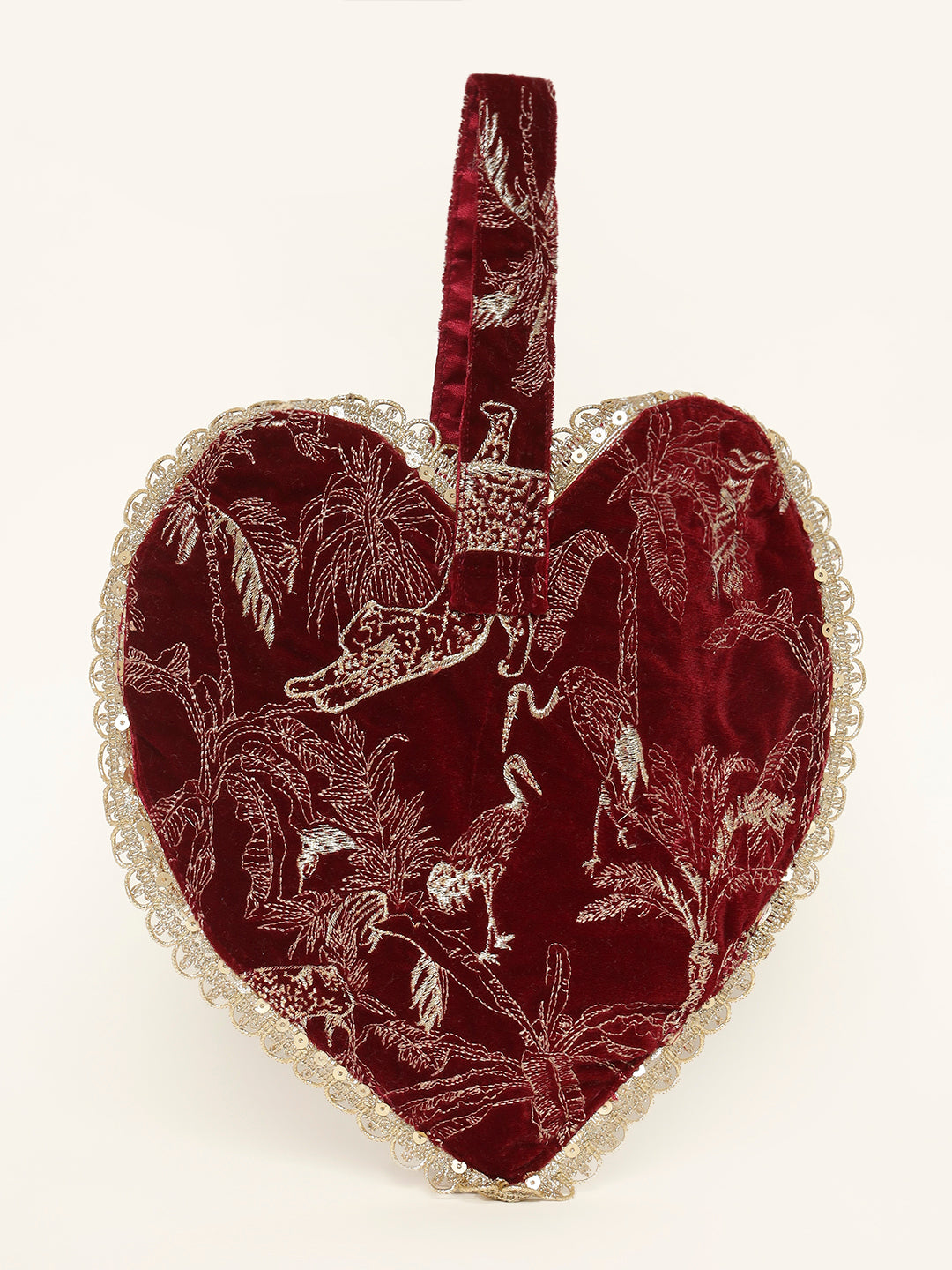Velvet red potli bag with embroidered bird motifs