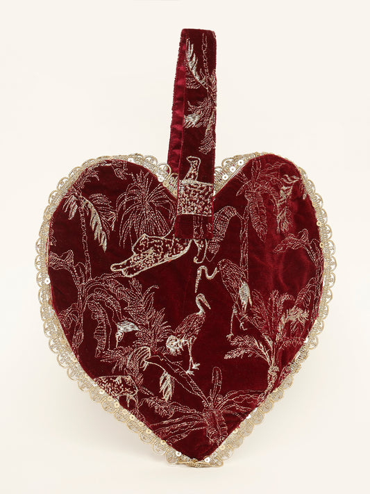 Velvet red potli bag with embroidered bird motifs