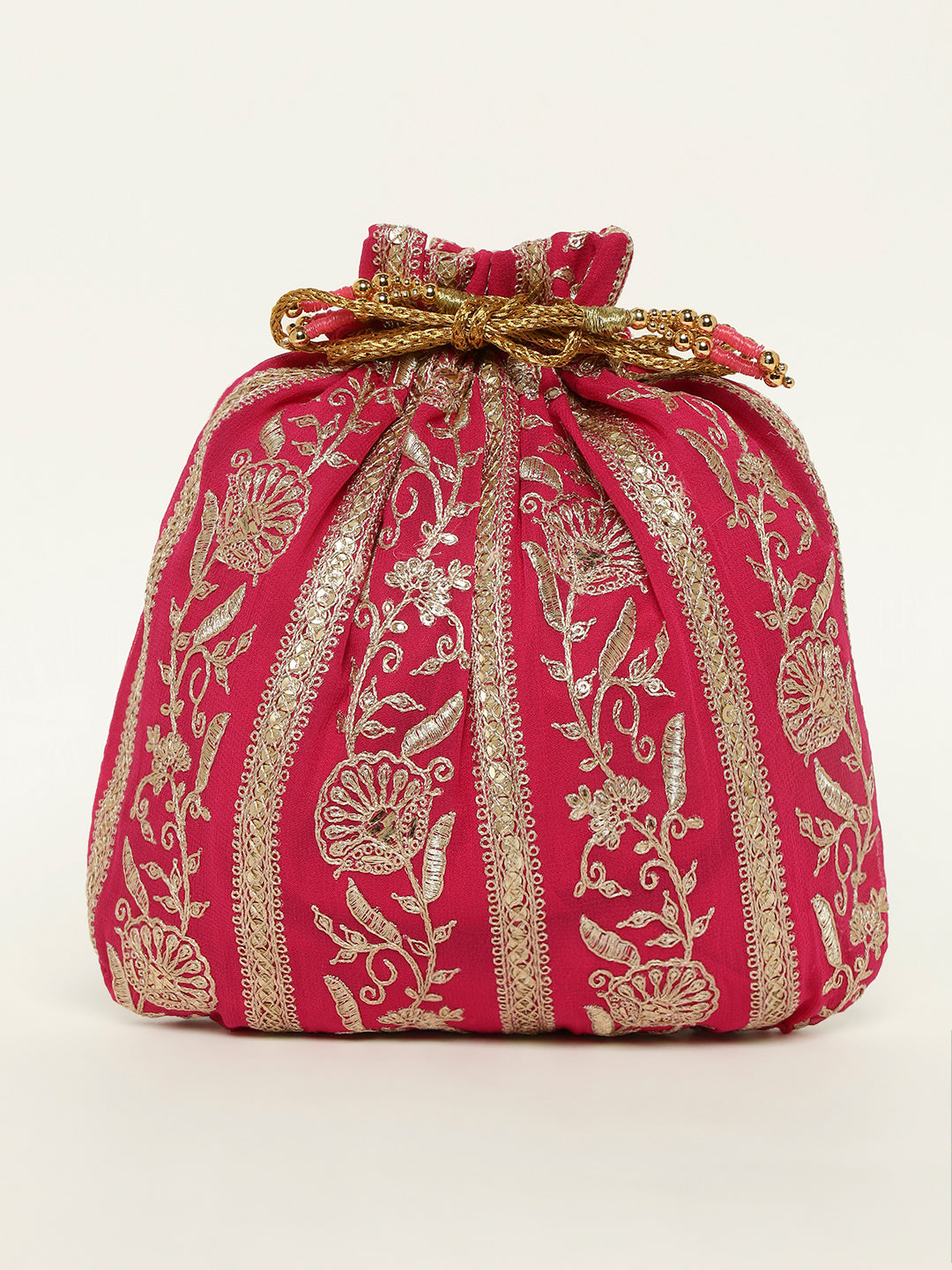 Pink potli bag with rich golden embroidered detailing