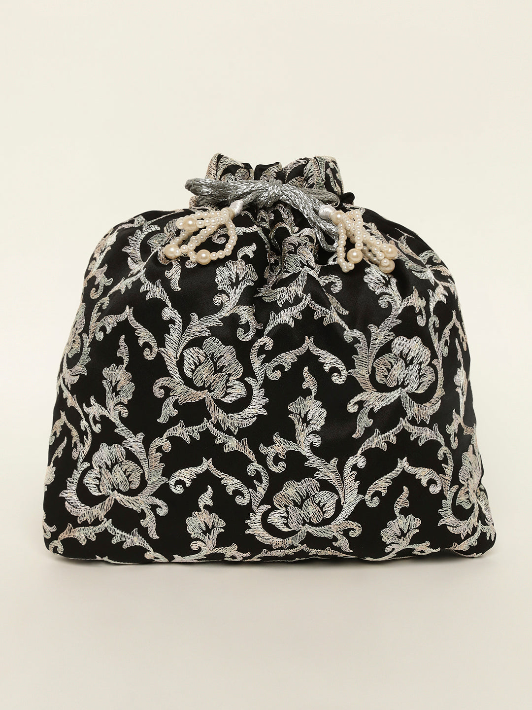 Black potli bag with silver embroidered floral motifs