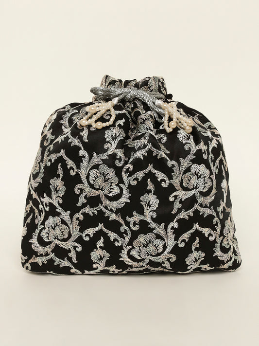 Black potli bag with silver embroidered floral motifs