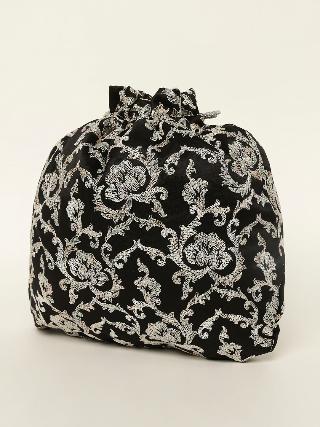 Elegant black potli with shimmering silver thread design