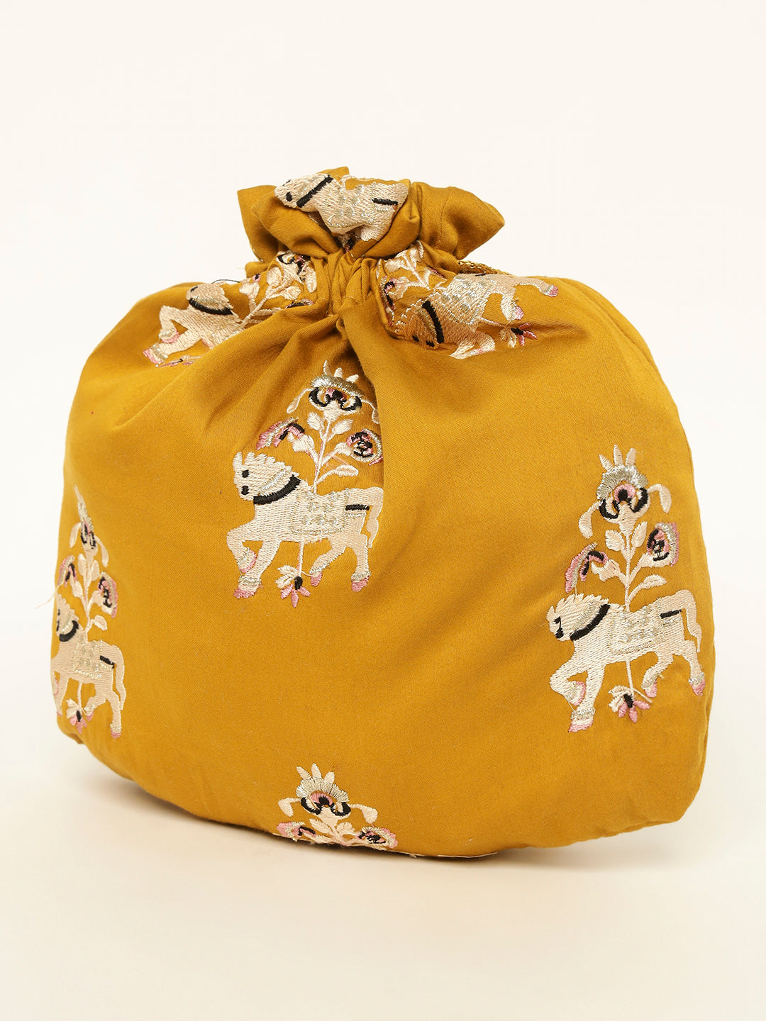 Festive yellow potli with detailed horse threadwork