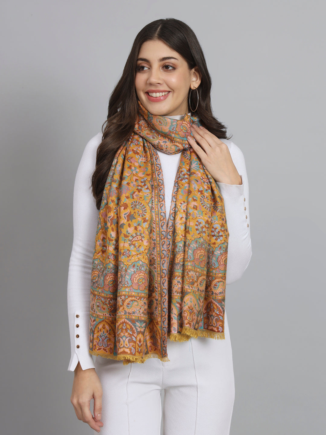 floral print shawl, mustard yellow shawl