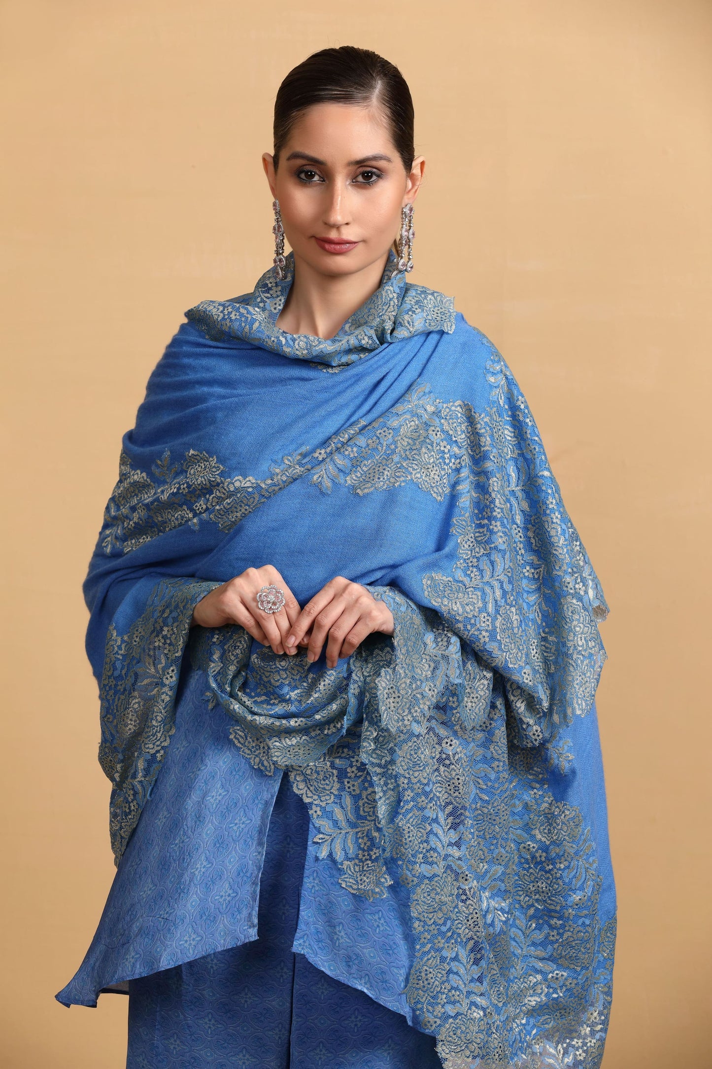 Elegant Blue Shawl for Women - Designer Scarf with Intricate Patterns