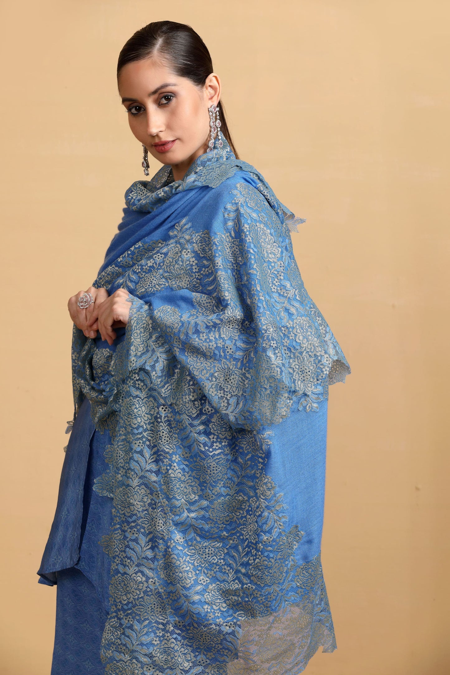 Elegant Blue Shawl for Women - Designer Scarf with Intricate Patterns