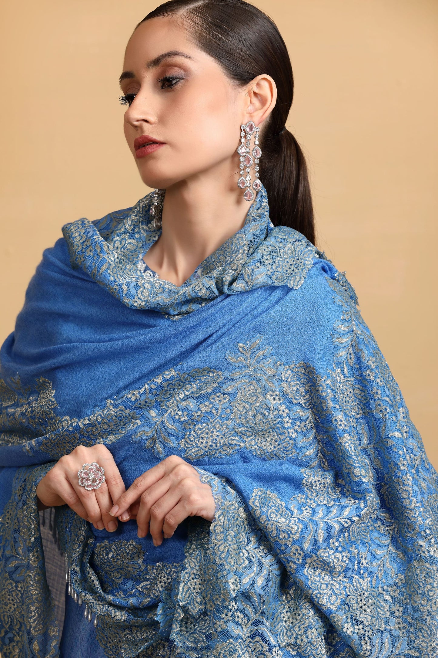 Elegant Blue Lace Shawl for Women - Designer Scarf