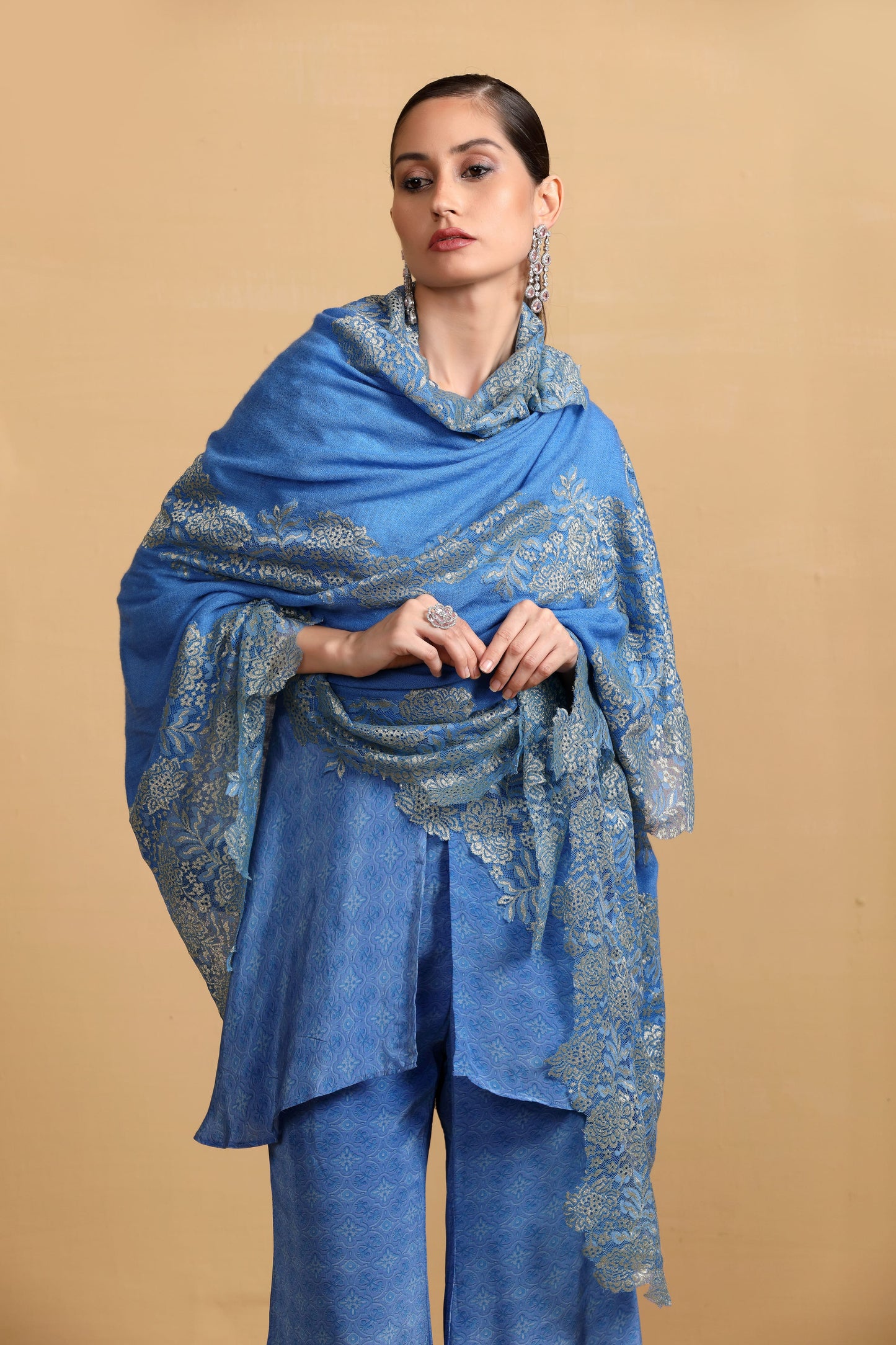 Elegant Blue Shawl for Women - Designer Scarf with Intricate Patterns