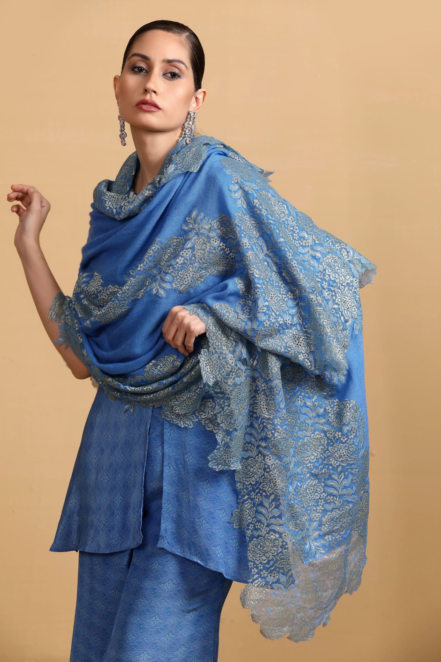 Elegant Blue Shawl for Women - Designer Scarf with Intricate Patterns