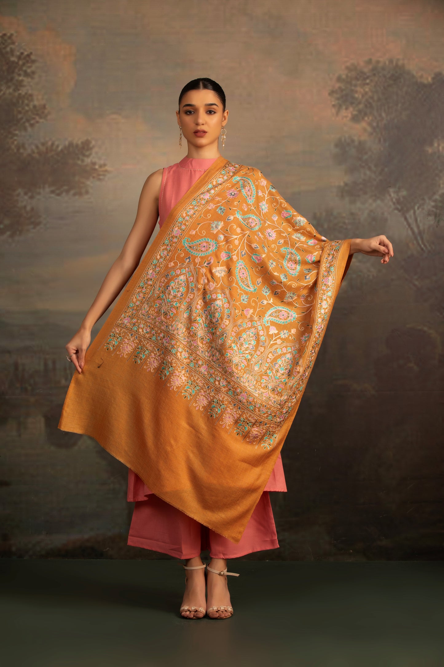 Mustard Yellow Shawl with Embroidery