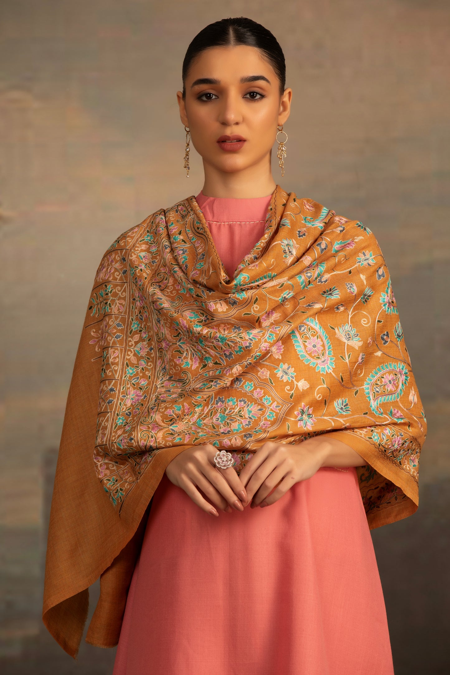 Mustard Yellow Shawl with Embroidery