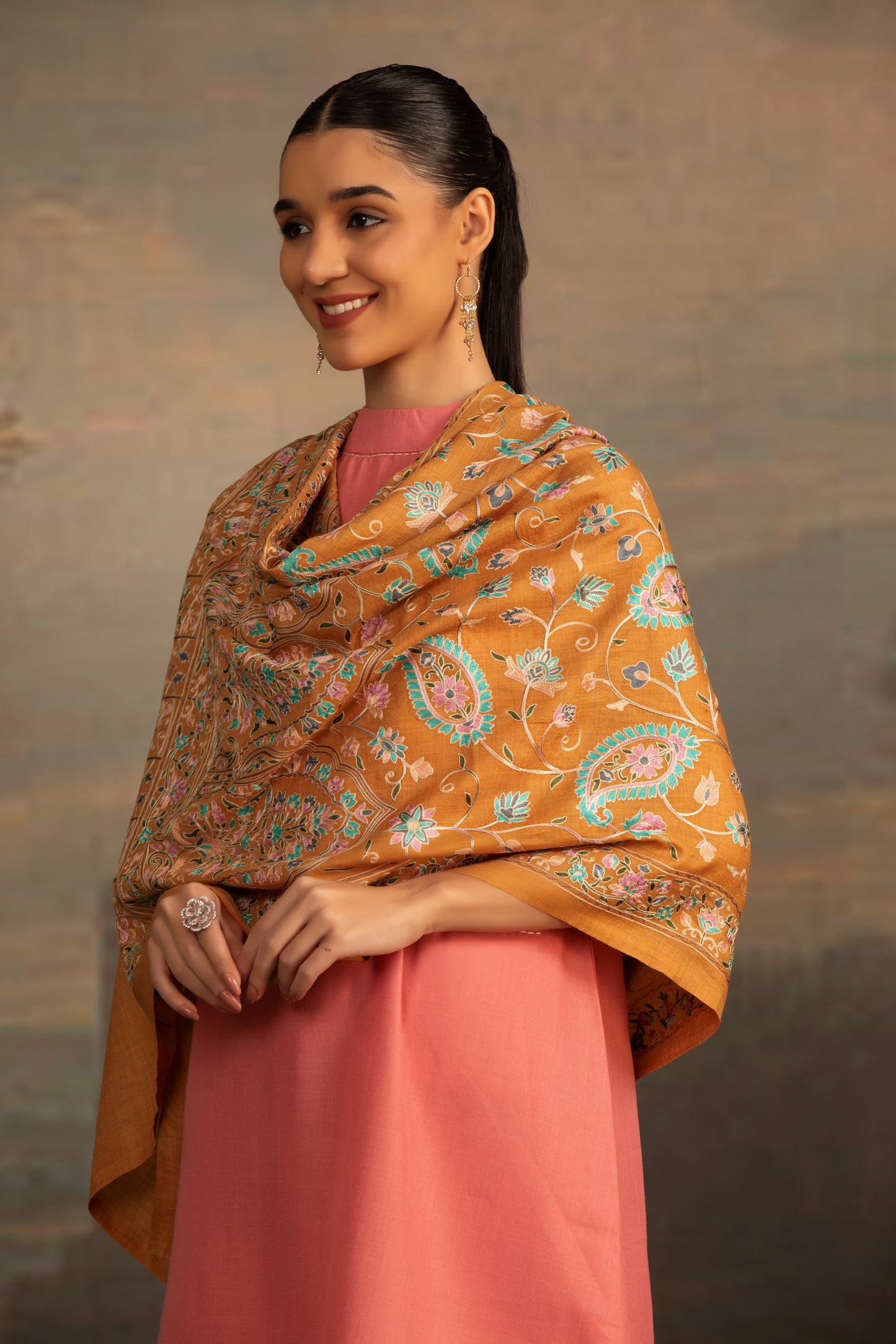 Mustard Yellow Shawl with Embroidery