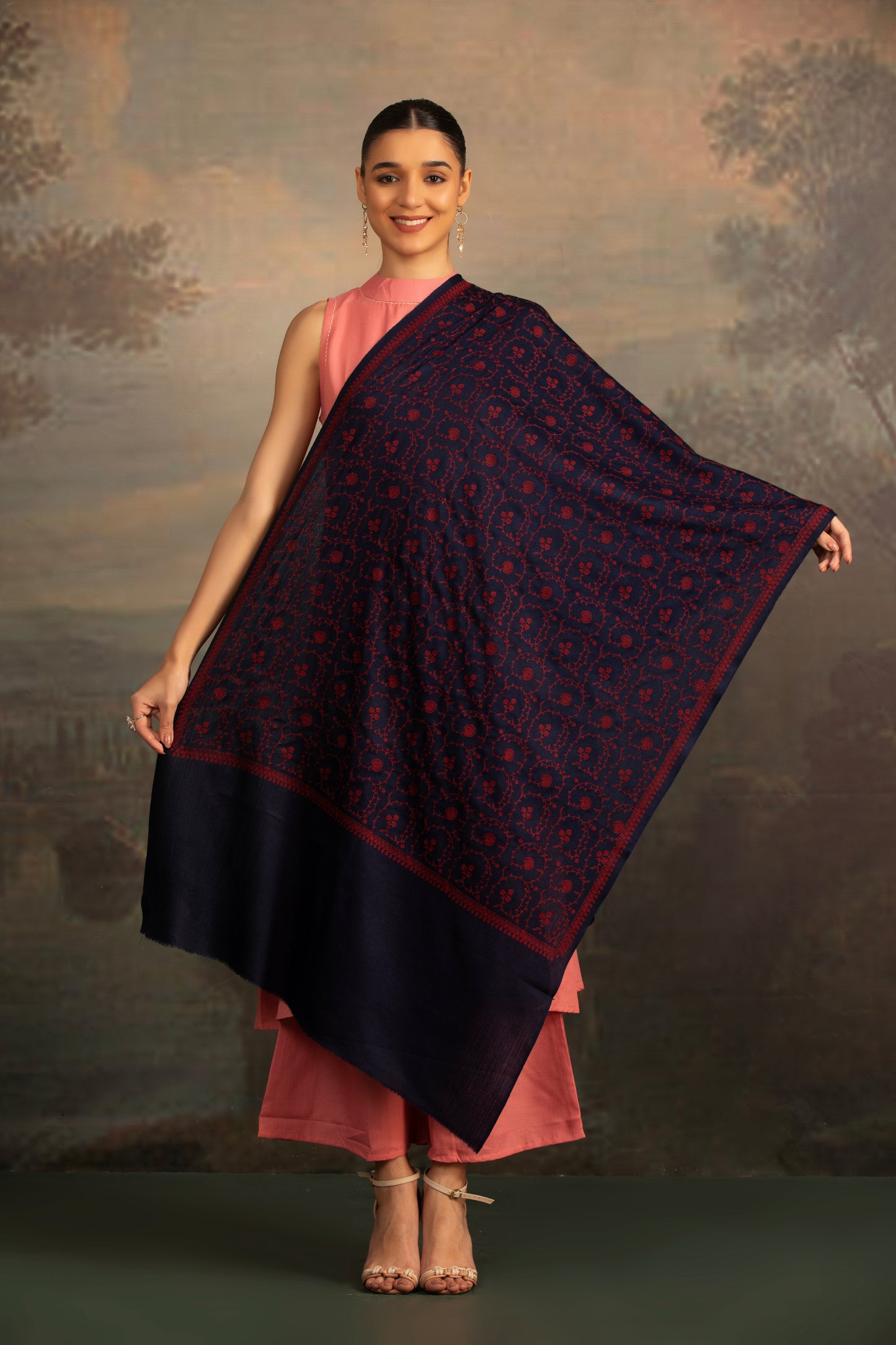 Navy Blue Shawl with Sozni Embroidery