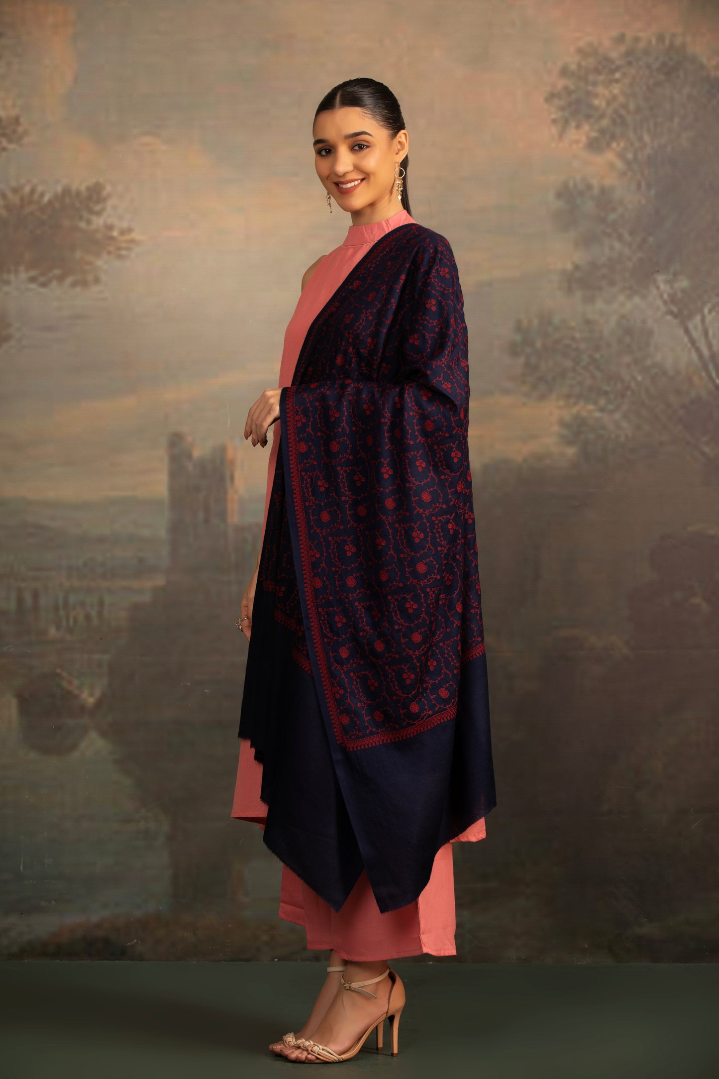 Navy Blue Shawl with Sozni Embroidery