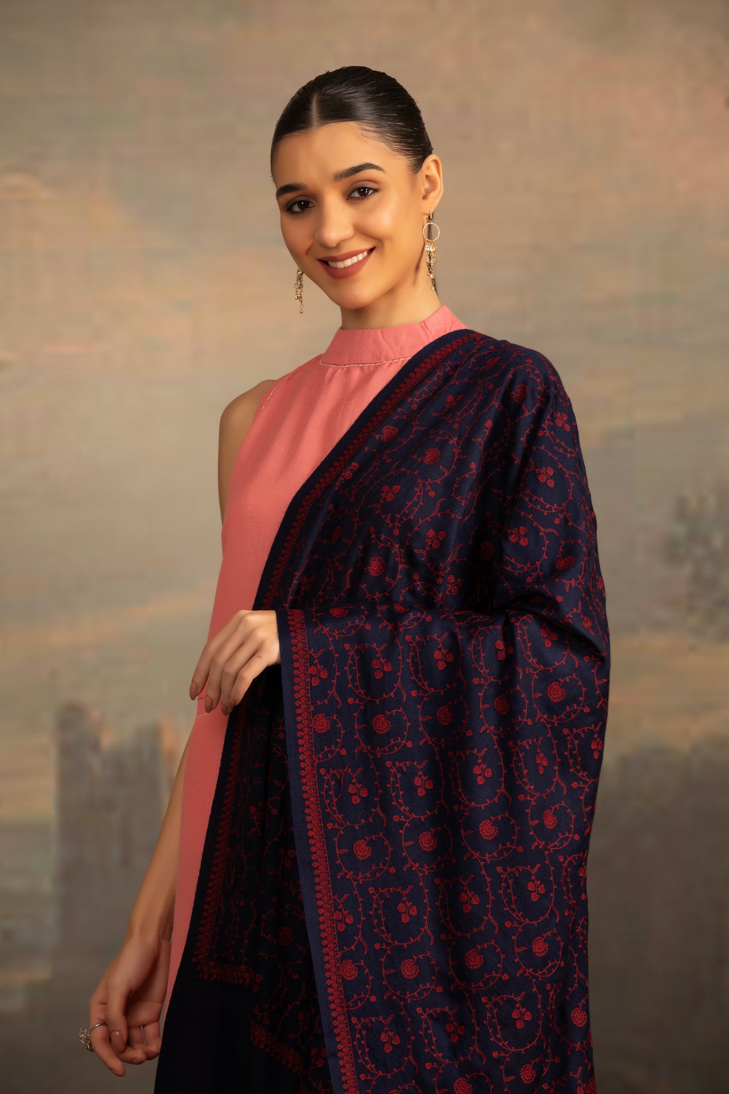 Navy Blue Shawl with Sozni Embroidery