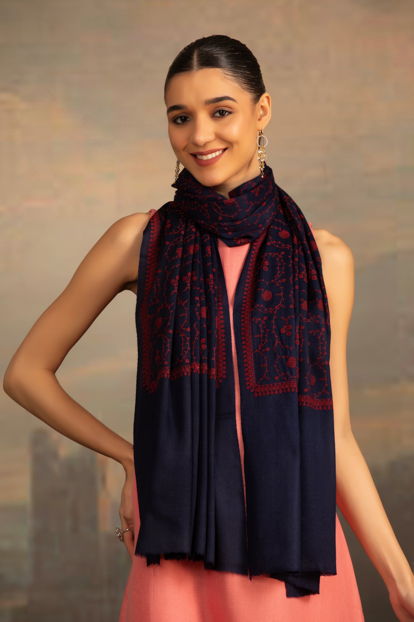 Navy Blue Shawl with Sozni Embroidery