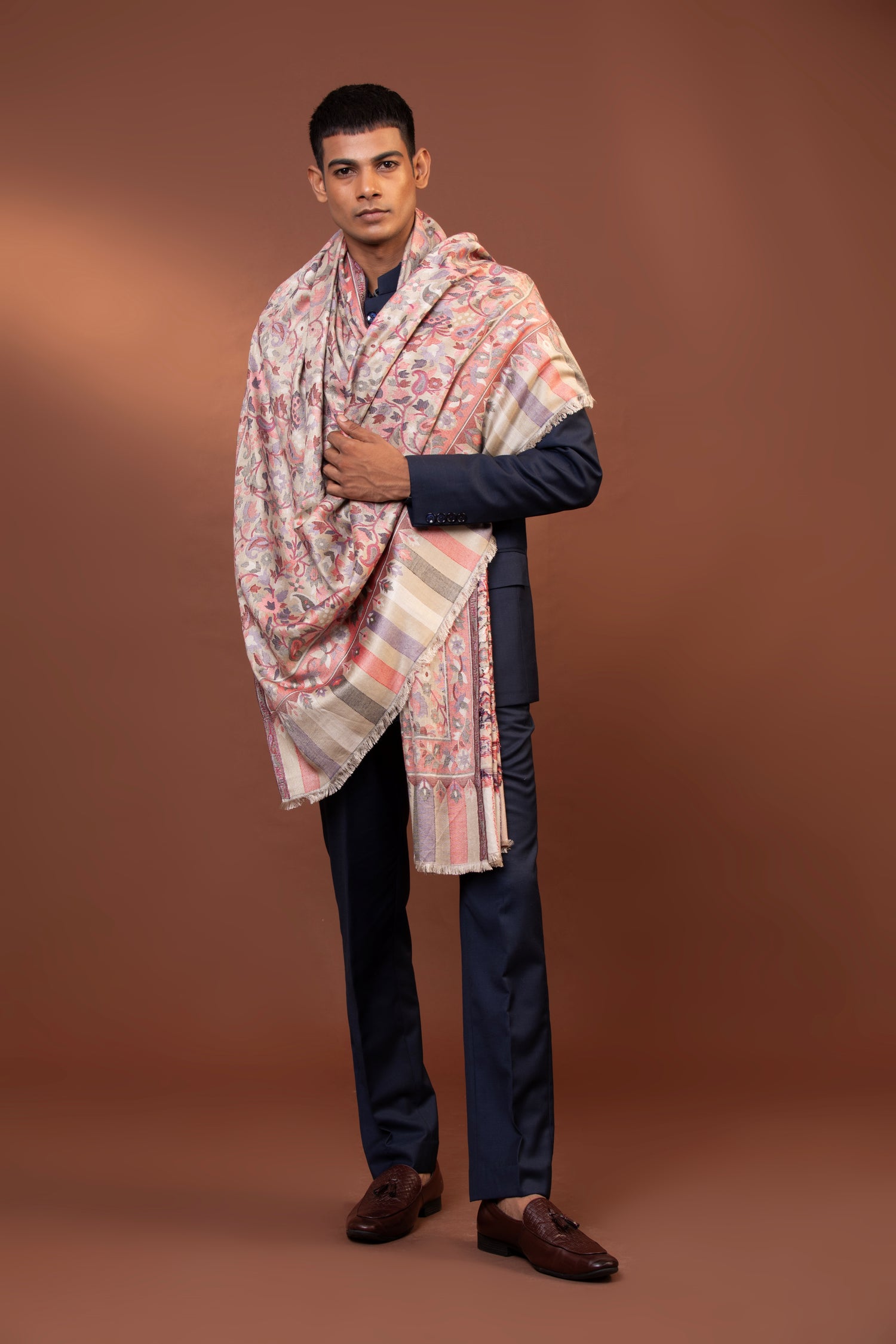 viscose floral shawl, men’s Kani shawl, handmade Kashmiri shawl, Sozni outline wrap, woven viscose scarf