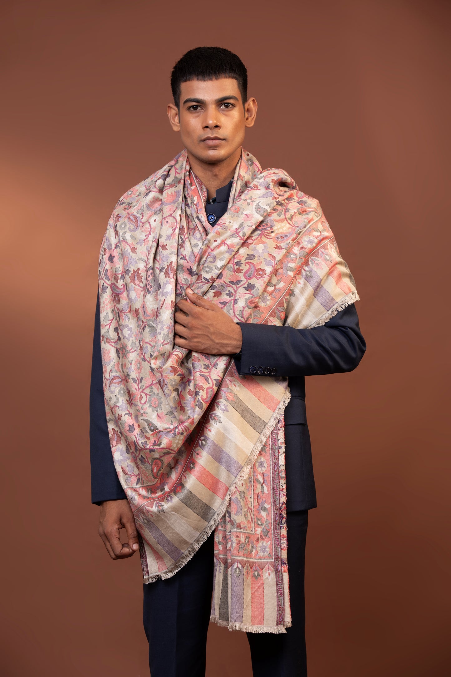 viscose floral shawl, men’s Kani shawl, handmade Kashmiri shawl, Sozni outline wrap, woven viscose scarf