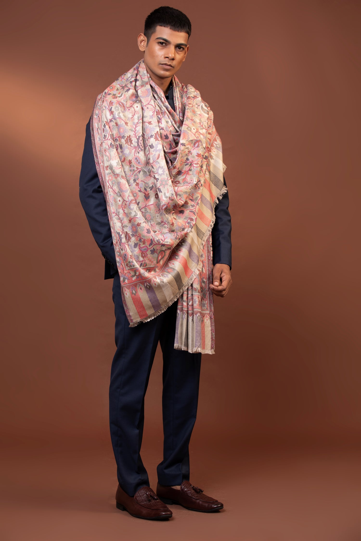 viscose floral shawl, men’s Kani shawl, handmade Kashmiri shawl, Sozni outline wrap, woven viscose scarf