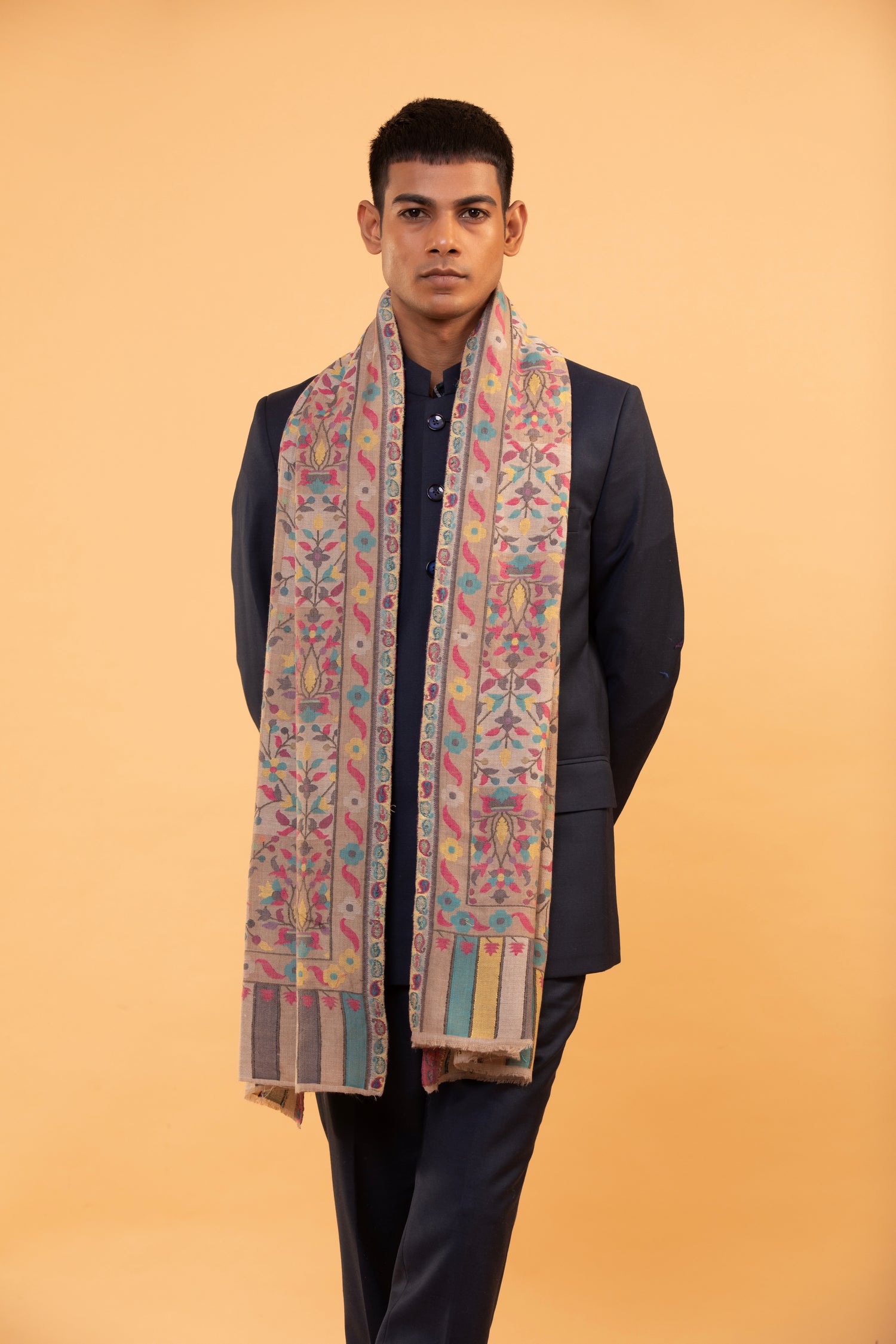 ethnic motifs woolen stole, floral embroidered men’s stole, wool blend stole, woven design stole, men’s woolen shawl