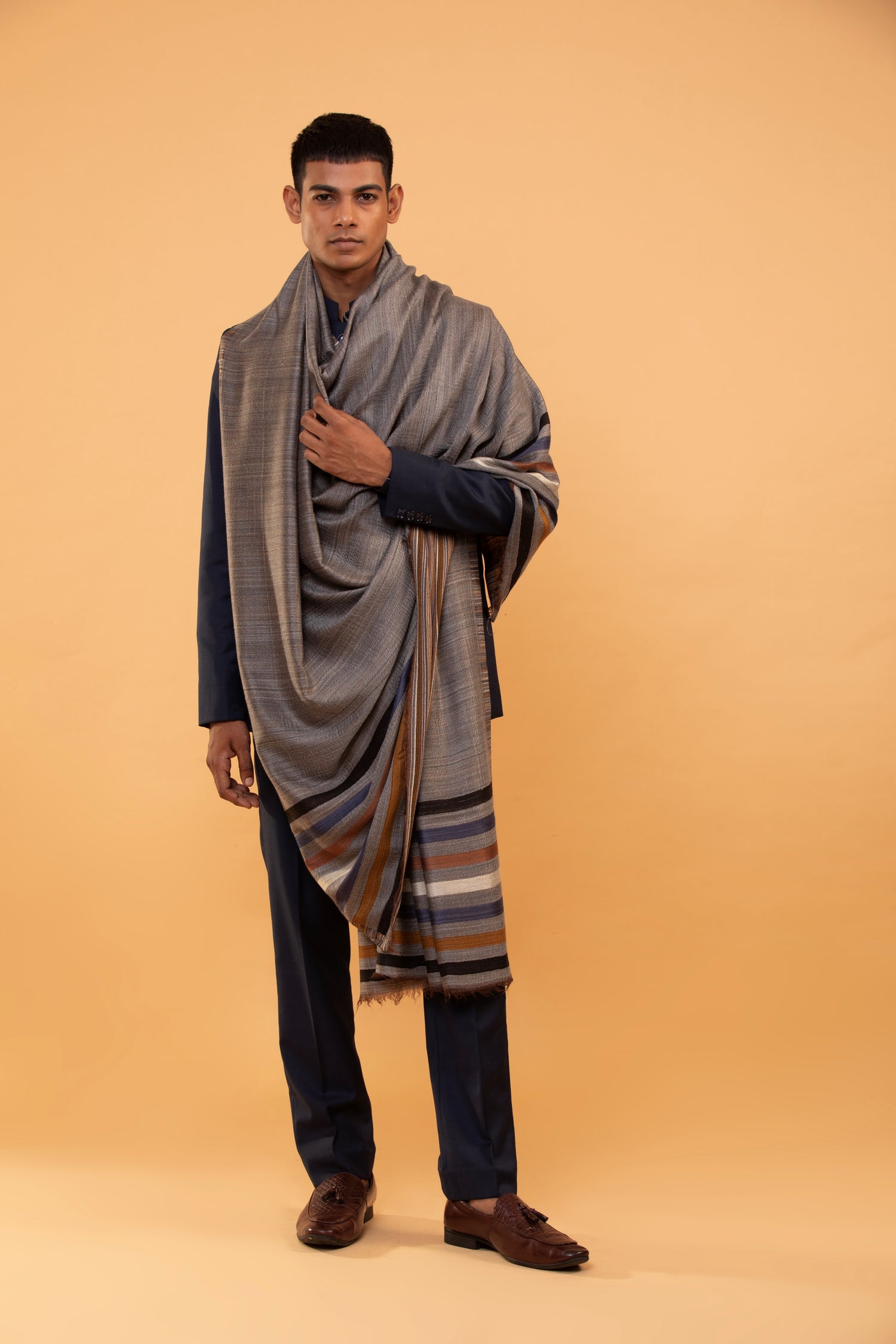 grey wool blend shawl, striped woven shawl for men, wool blend shawl, men’s grey shawl, woven design wool shawl