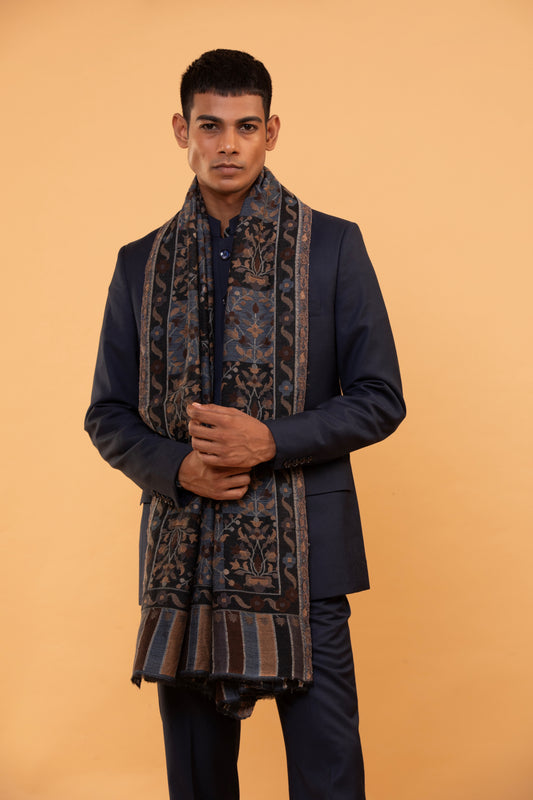 Kani shawl for men, dark navy Kani shawl, midnight black shawl, paisley wool shawl, soft wool winter wrap