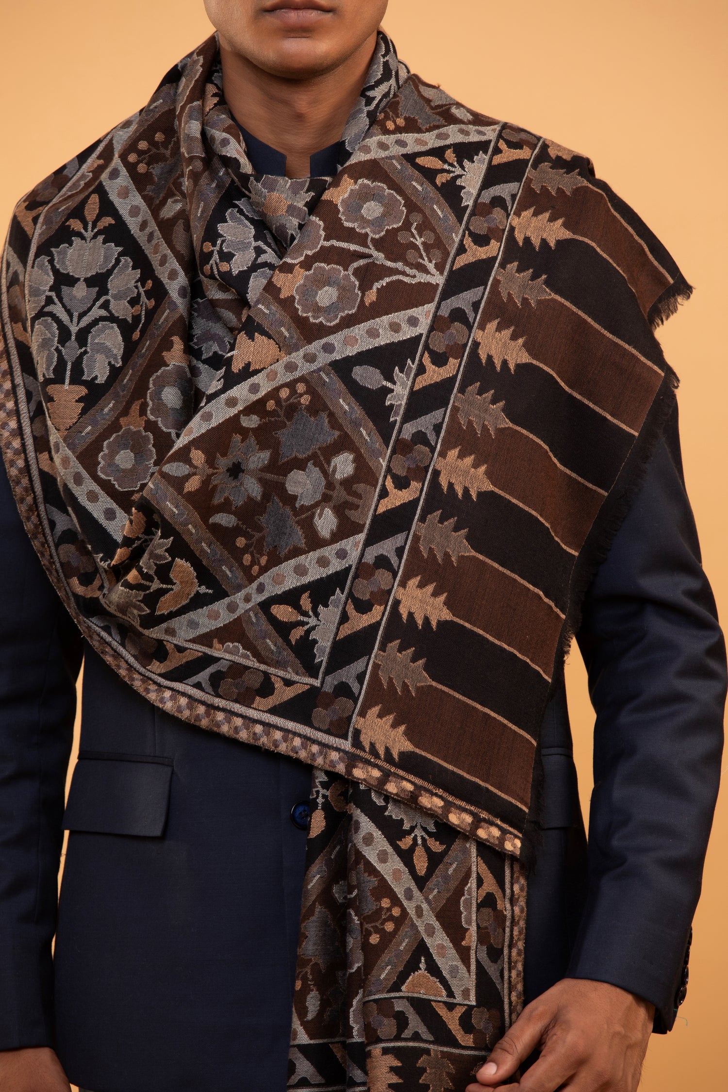 men's wool shawl, hand-embroidered shawl, luxury men's wrap, fine wool men's shawl, brown wool stole