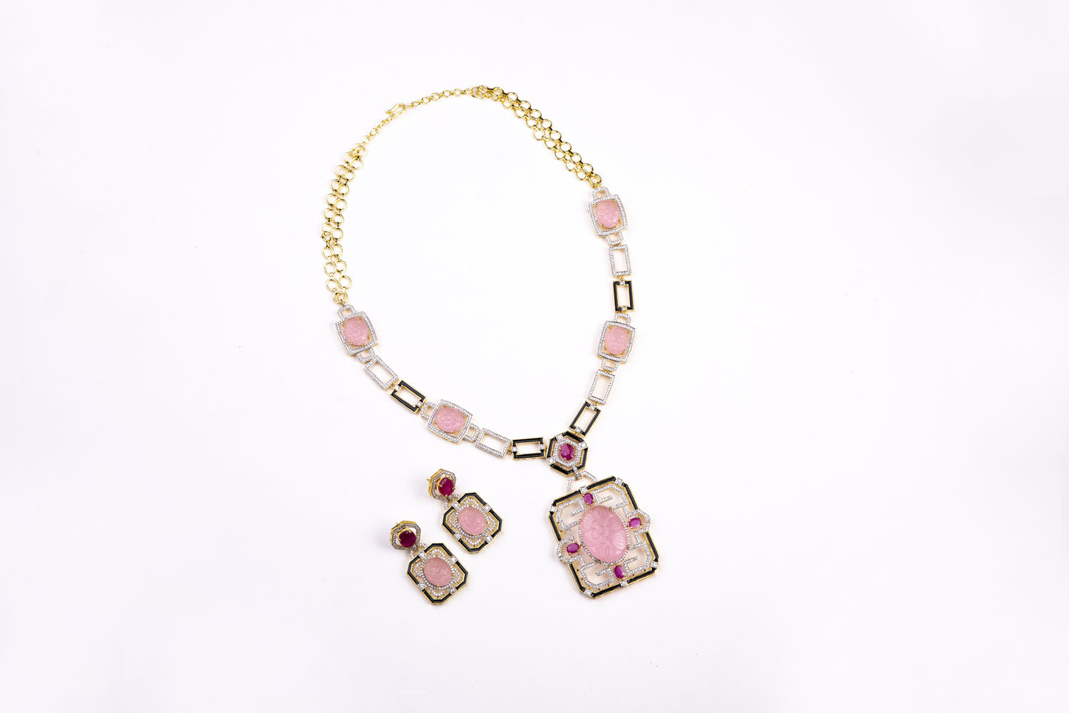 "Fashionable Necklace Set: Add elegance to your look with this beautiful pink stone and Swarovski necklace set.