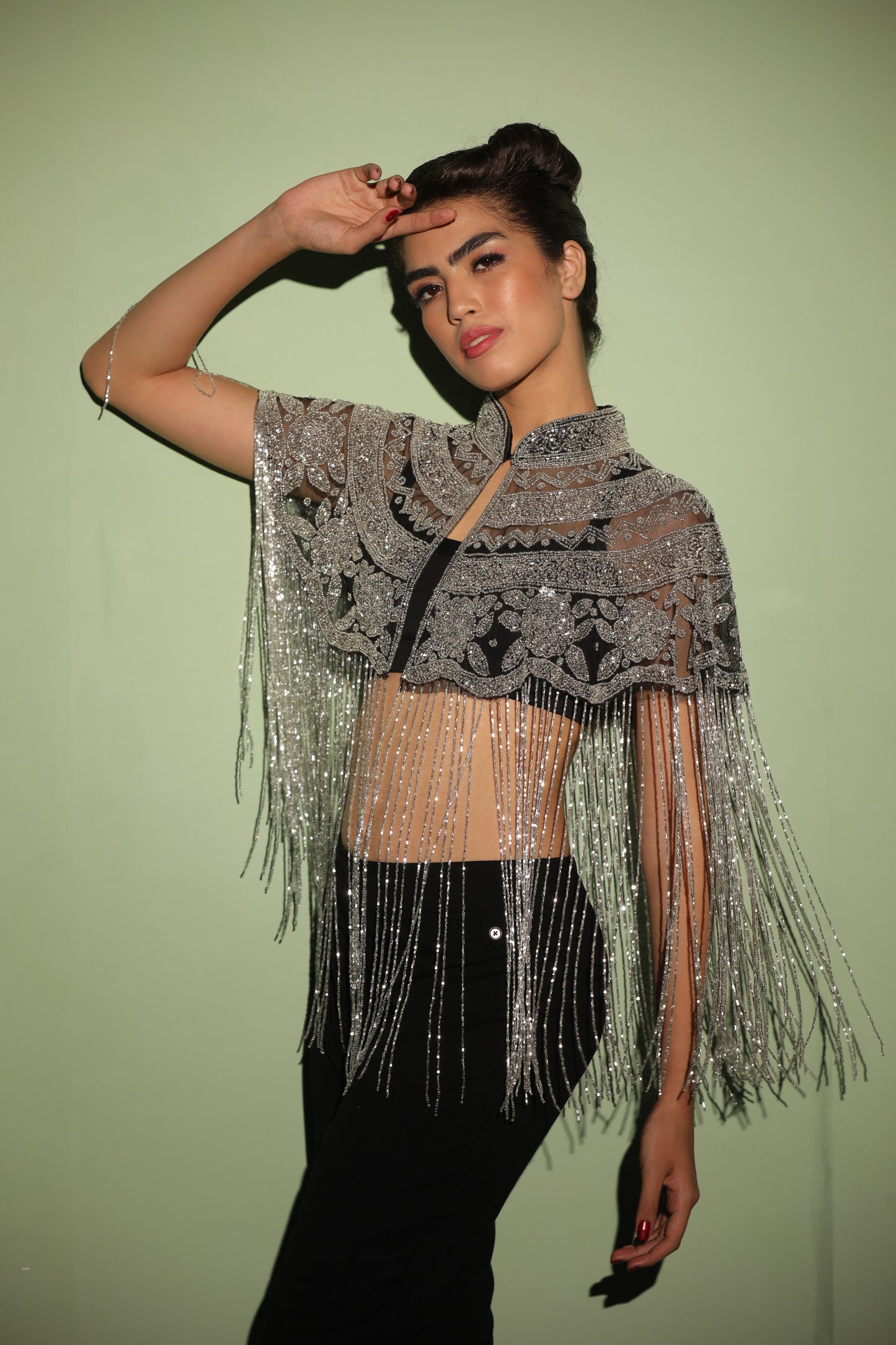 Unique Silver Beaded Cape with Embroidery: Ideal for pairing with sarees and gowns." "Intricate Handcrafted Cape: Beautifully designed with intricate embroidery and tassels