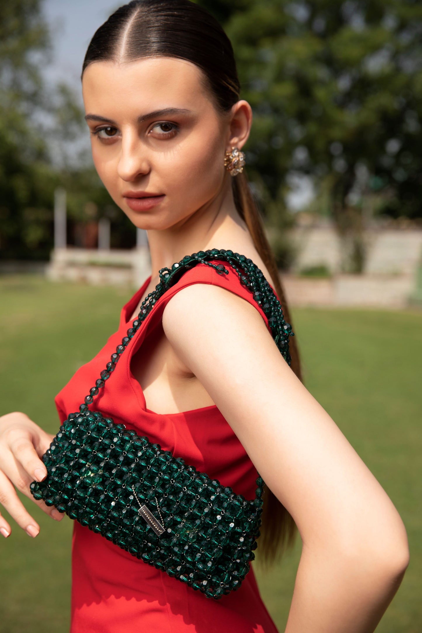 Handcrafted Green Handbag with Crystal Beads - Luxury Purse