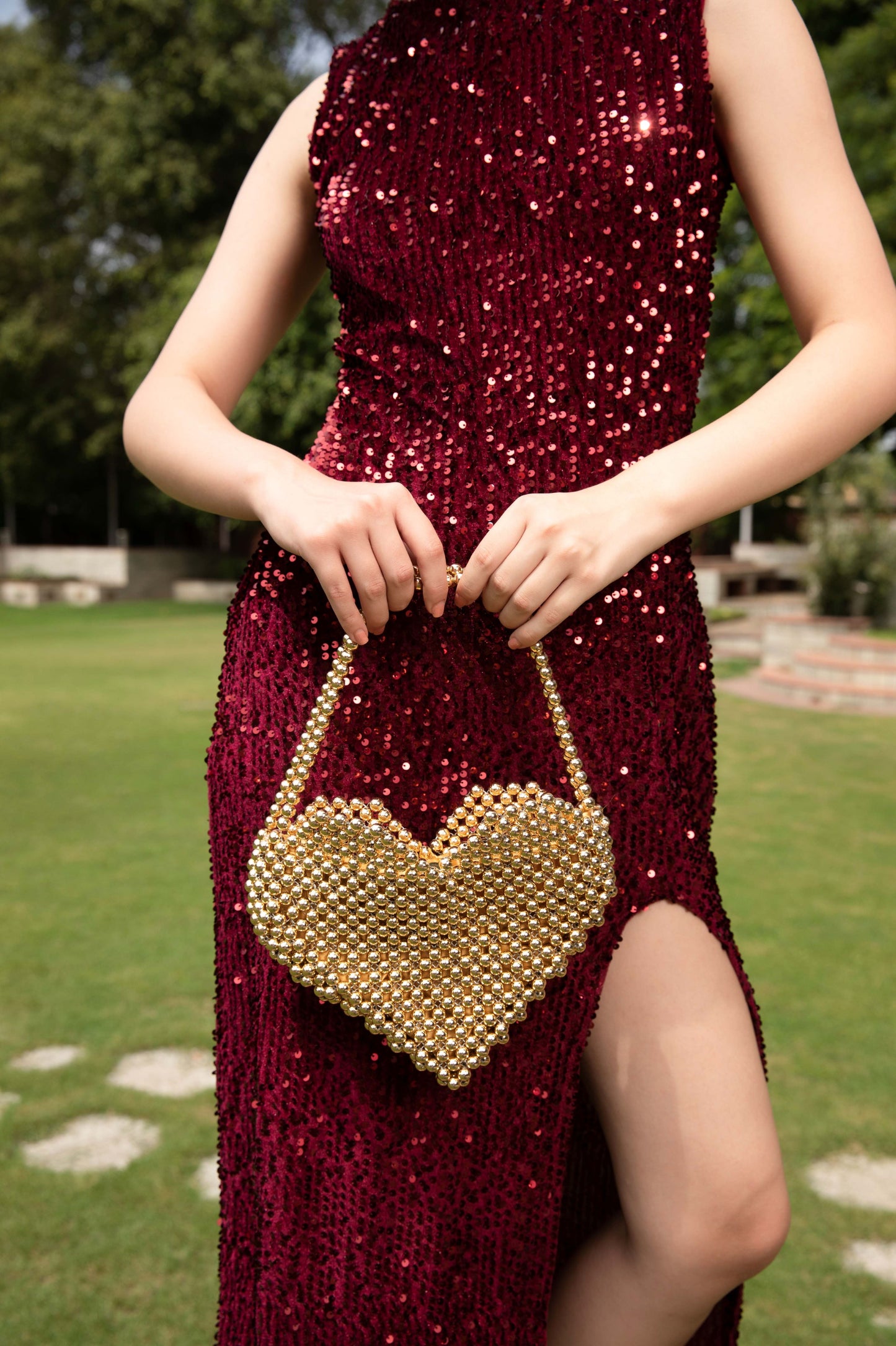 Luxury Golden Pearl Purse - Heart shaped Designer Handbag