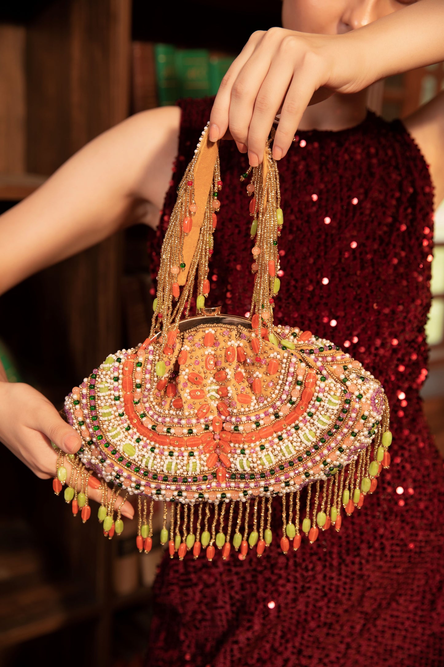 Multicolor Bead Embroidered Tassel Bag - Designer Party Clutch