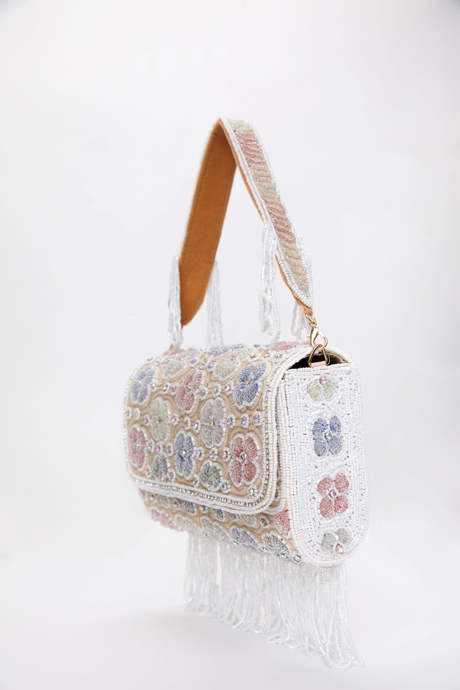 White Pearl Floral Embroidered bag, designer handbag, designer bag online, purse for women