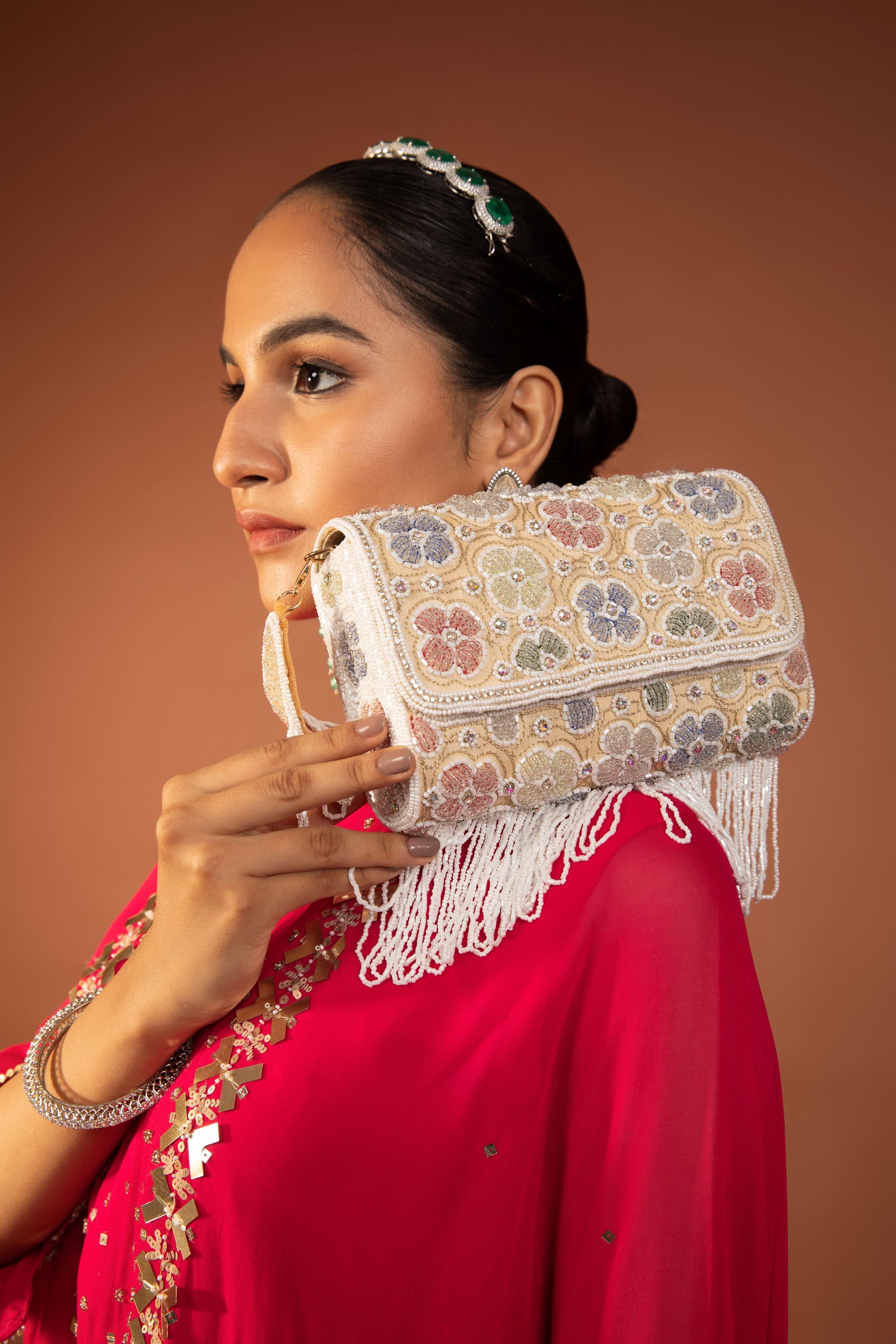 White Pearl Floral Embroidered bag, designer handbag, designer bag online, purse for women