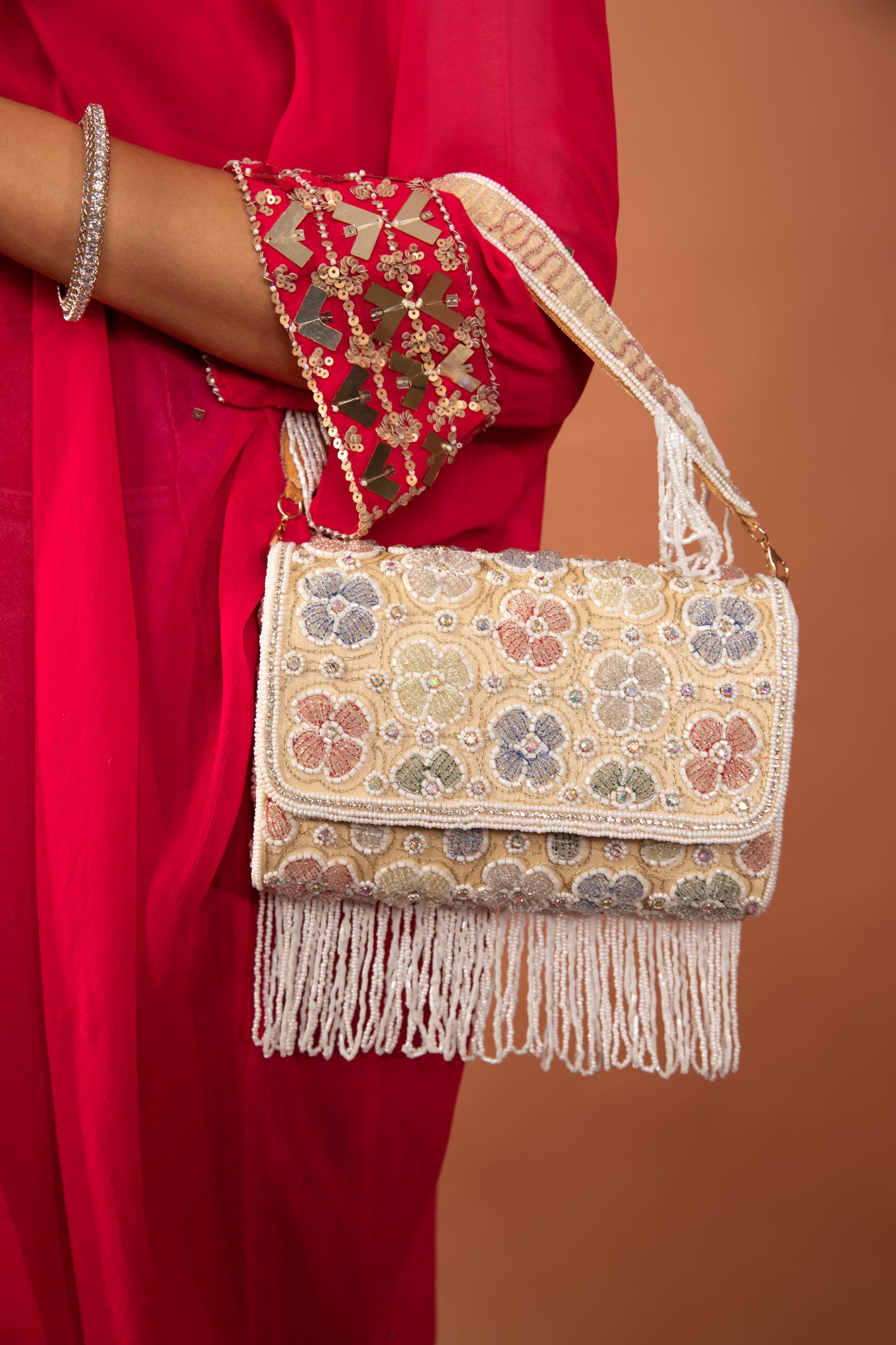 White Pearl Floral Embroidered bag, designer handbag, designer bag online, purse for women