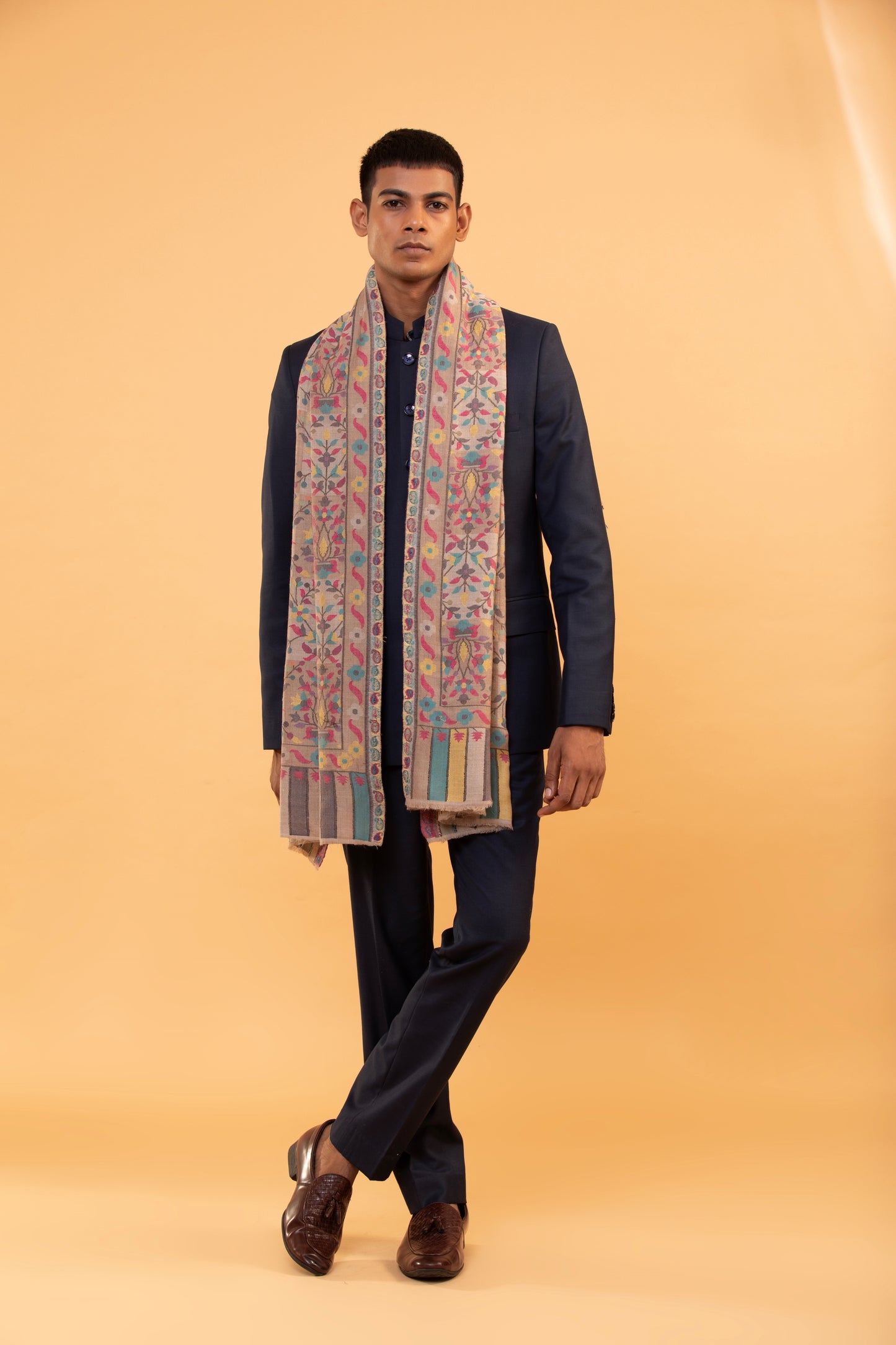 ethnic motifs woolen stole, floral embroidered men’s stole, wool blend stole, woven design stole, men’s woolen shawl