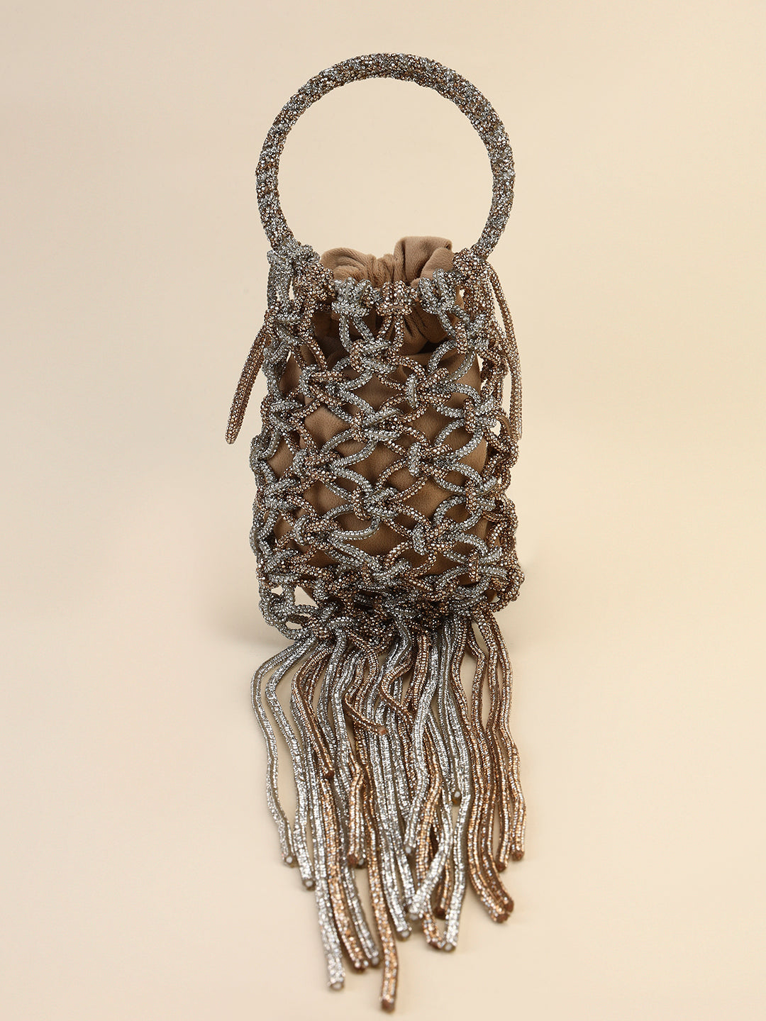 Silver Gold Crystal Knot Bag with Fringe Statement Party Clutch