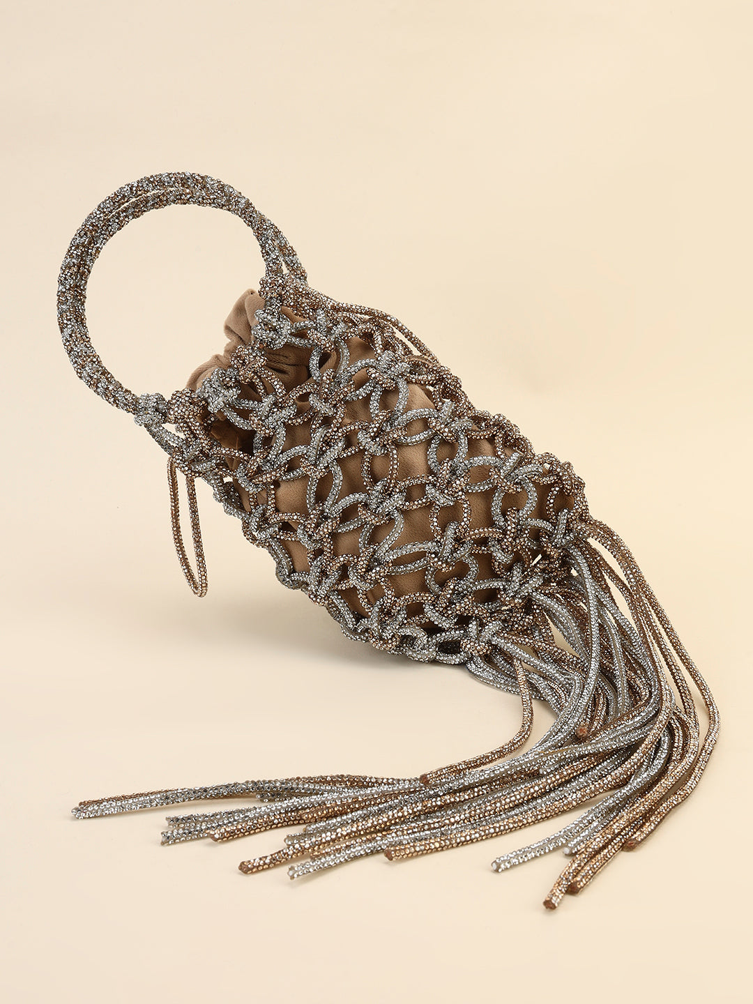 Silver Gold Crystal Knot Bag with Fringe Statement Party Clutch