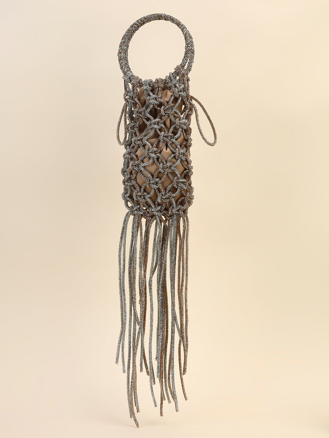 Silver Gold Crystal Knot Bag with Fringe Statement Party Clutch