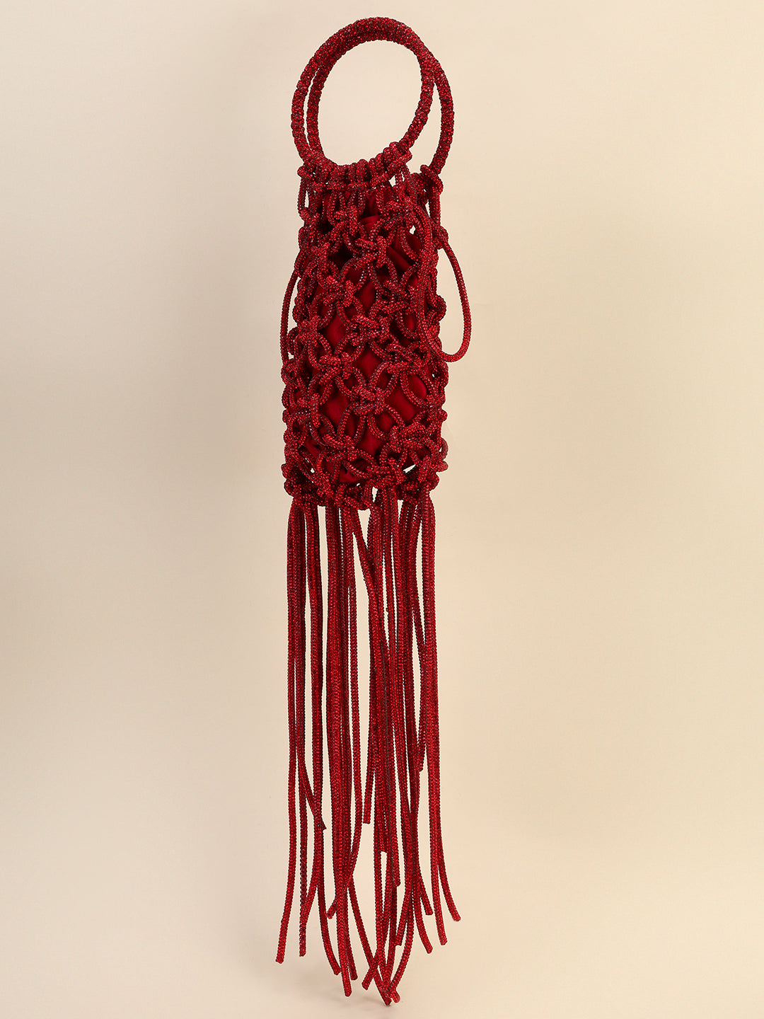 Red Crystal Fringe Clutch – Knotted Statement Party Evening Bag