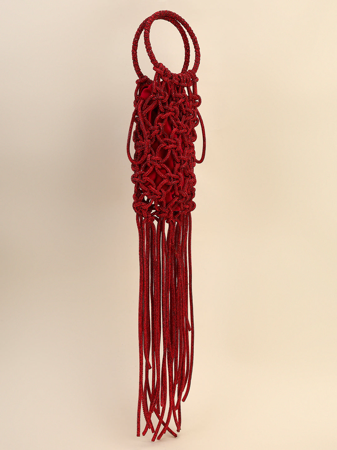 Red Crystal Fringe Clutch – Knotted Statement Party Evening Bag