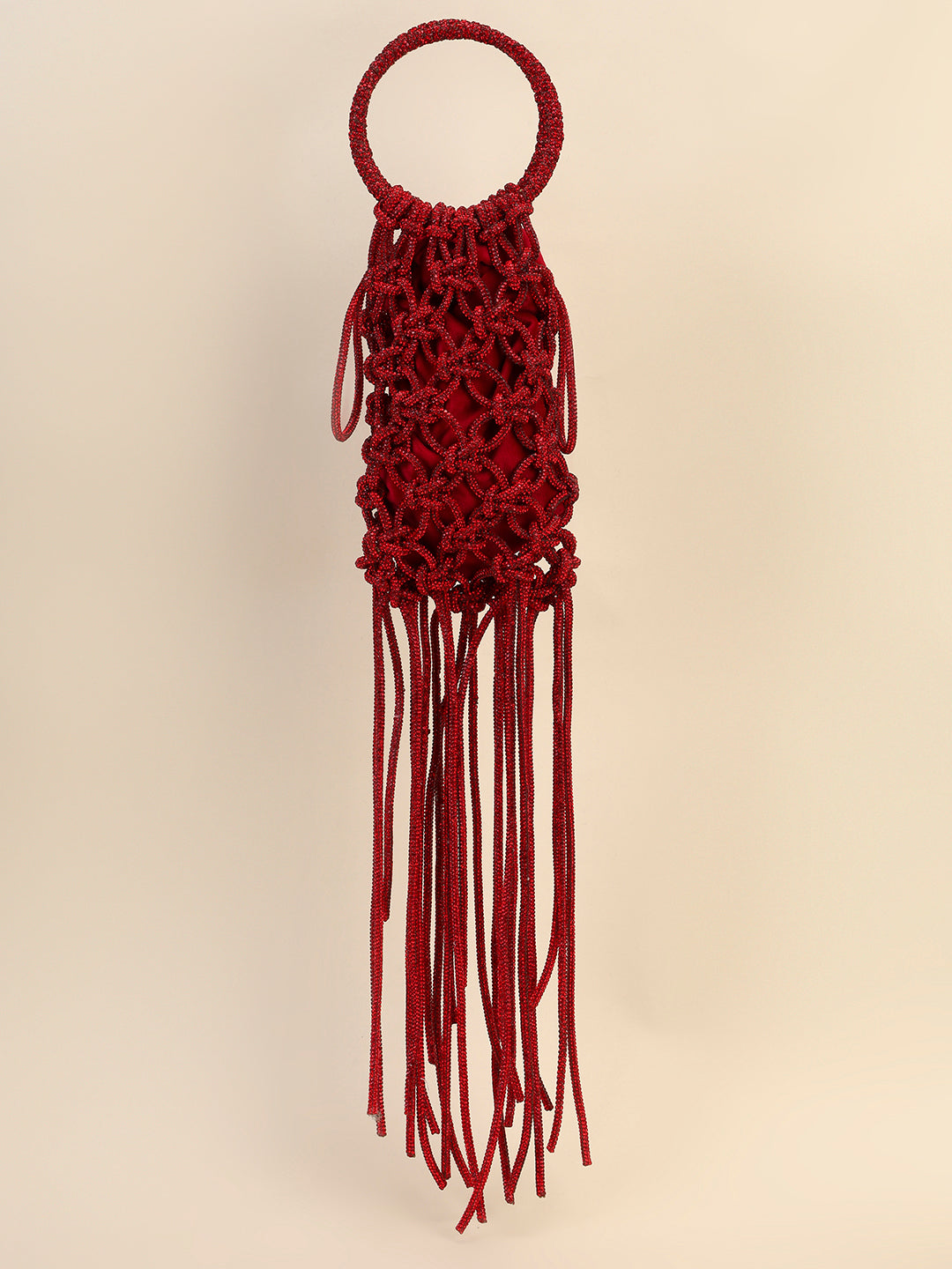 Red Crystal Fringe Clutch – Knotted Statement Party Evening Bag