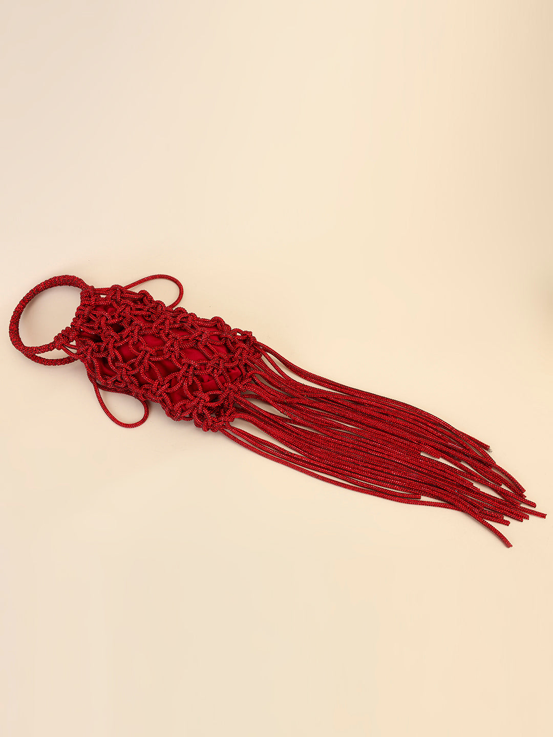 Red Crystal Fringe Clutch – Knotted Statement Party Evening Bag